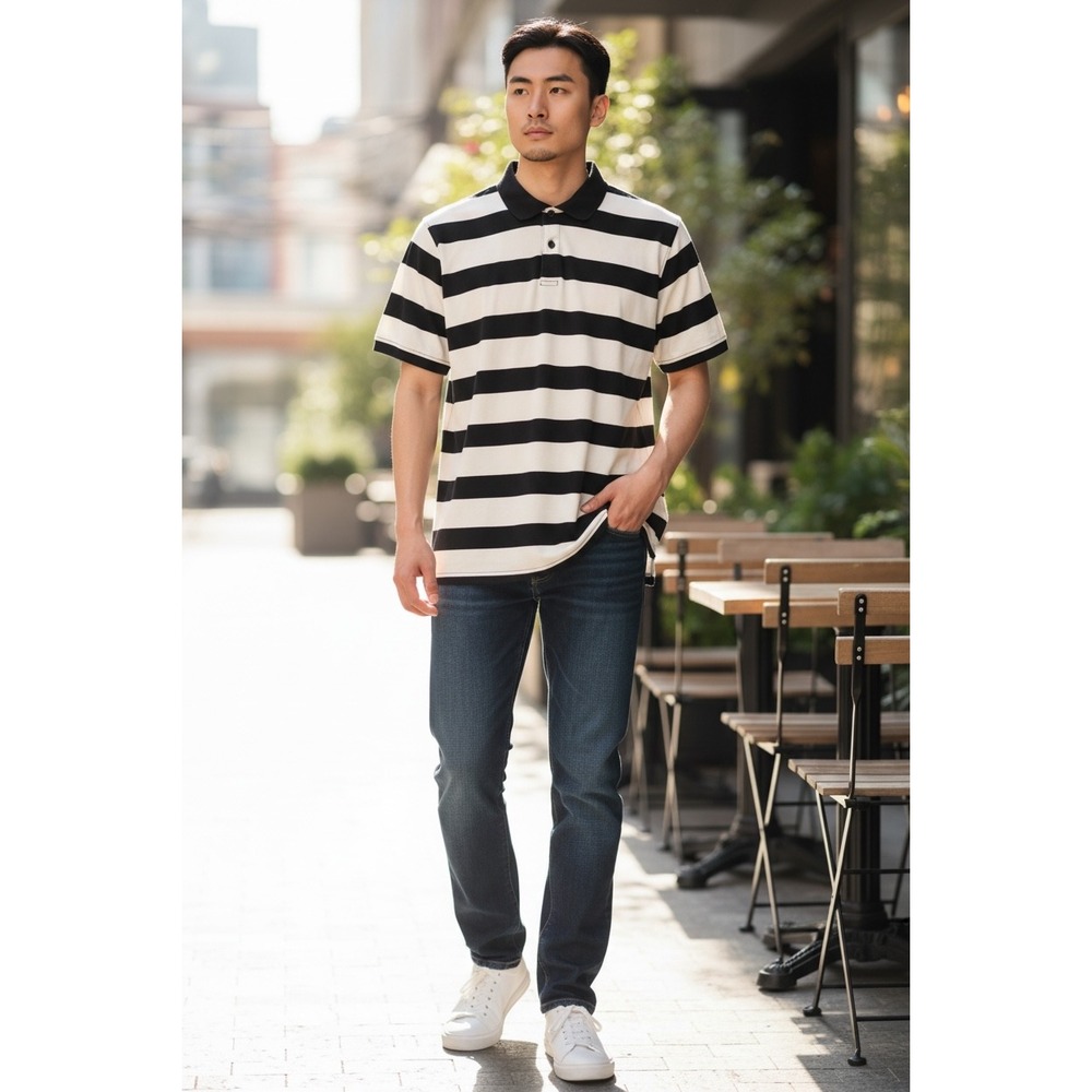 Mens Black and White Striped Short Sleeve Polo Shirt Cotton Blend Classic Fit